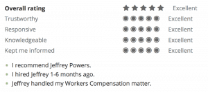 AVVO Overall Rating from Workers Comp Client